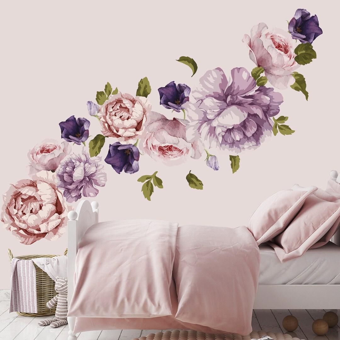 Set of Peony Wall Decal. Watercolor Peony Decal Girl Bedroom. Peony ...