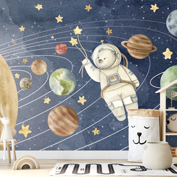 Cute Astronaut Kids Custom Wall Mural Nursery, Solar System Watercolor Wallpaper Toddler Room, Hand-drawn Ombre Dark Blue Space Wallpaper