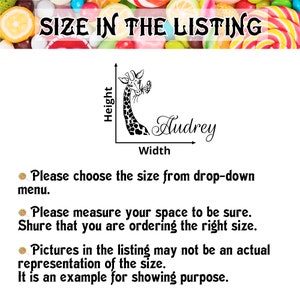 May include: Black and white line art illustration of a giraffe with the name "Audrey" written in cursive. The image shows the height and width measurements of the design. The text below the image reads: "Please choose the size from drop-down menu. Please measure your space to be sure. Shure that you are ordering the right size. Pictures in the listing may not be an actual representation of the size. It is an example for showing purpose."