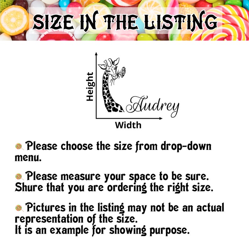 May include: Black and white line art illustration of a giraffe with the name "Audrey" written in cursive. The image shows the height and width measurements of the design. The text below the image reads: "Please choose the size from drop-down menu. Please measure your space to be sure. Shure that you are ordering the right size. Pictures in the listing may not be an actual representation of the size. It is an example for showing purpose."