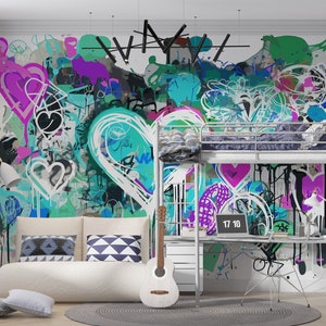 Tapete Teal Fuchsia Spray Painted Hearts Mädchenzimmer, Süßes Graffiti Wand wandbild Mädchen Spielzimmer, Urban Custom Size Tapete Kinderzimmer