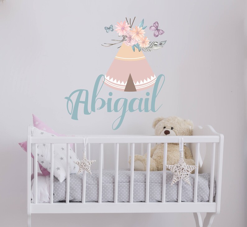 Rustic Nursery Decor Girls Name Decal Boho Nursery Wall Art Full Color Wall Murals for Nursery Rustic Teepee Wall Stickers Name Sticker
