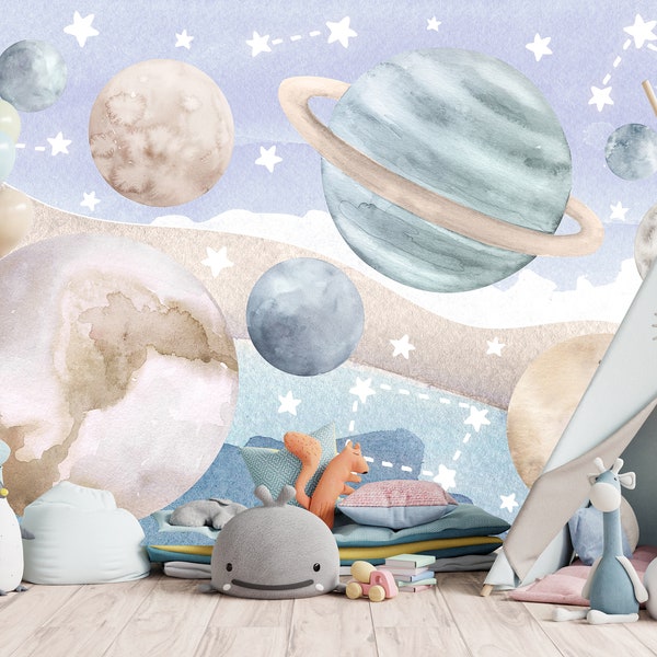 Pastel Color Space Themed Peel and Stick Wallpaper / Planets Wallpaper Mural Boy And Girl Bedroom Nursery / Space Playroom Decor /