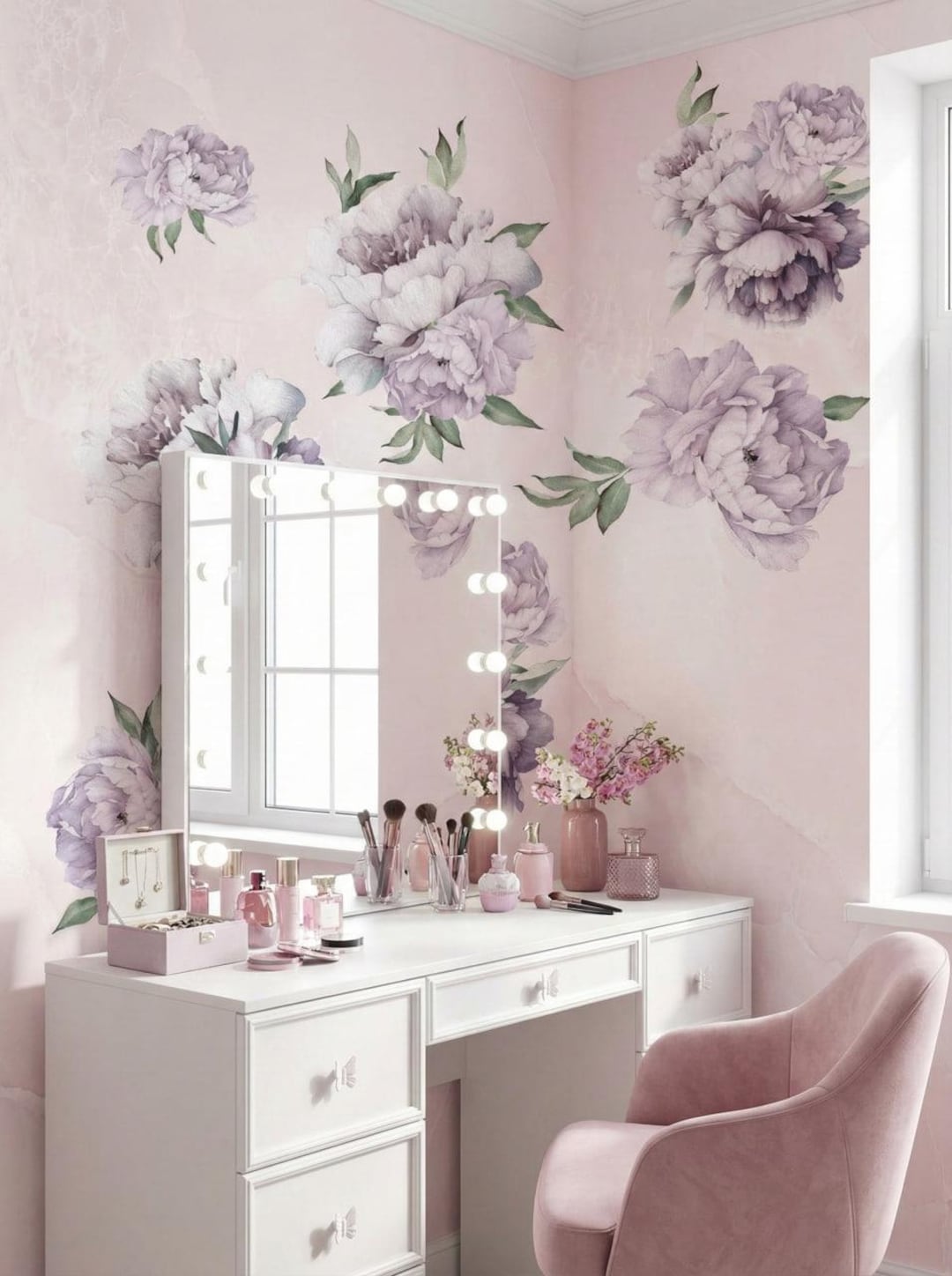 Peony Flower Wall Decals, Removable Floral Nursery Decor, Purple Floral ...