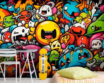 Peel and Stick Graffiti Wallpaper Boys Room, Teenager Bedroom Graffiti Wall Mural, Colorful Graffiti Art Decoration Nursery, Removable Kids
