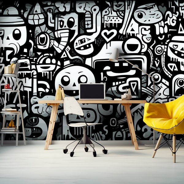 Graffiti Wallpaper Black and White, Teenage Room Wallpaper Peel and Stick, Removable Urban Wall Accent Decor for Boys and Girl Bedroom
