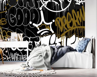 Dark Graffiti Wallpaper: Modern Teen Boy Room Mural