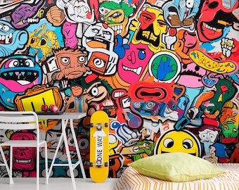 Colorful Graffiti Wallpaper Bedroom, Peel and Stick Wall Mural, Colorful Graffiti-Style Art Decoration Room Teenager Neutral Gender