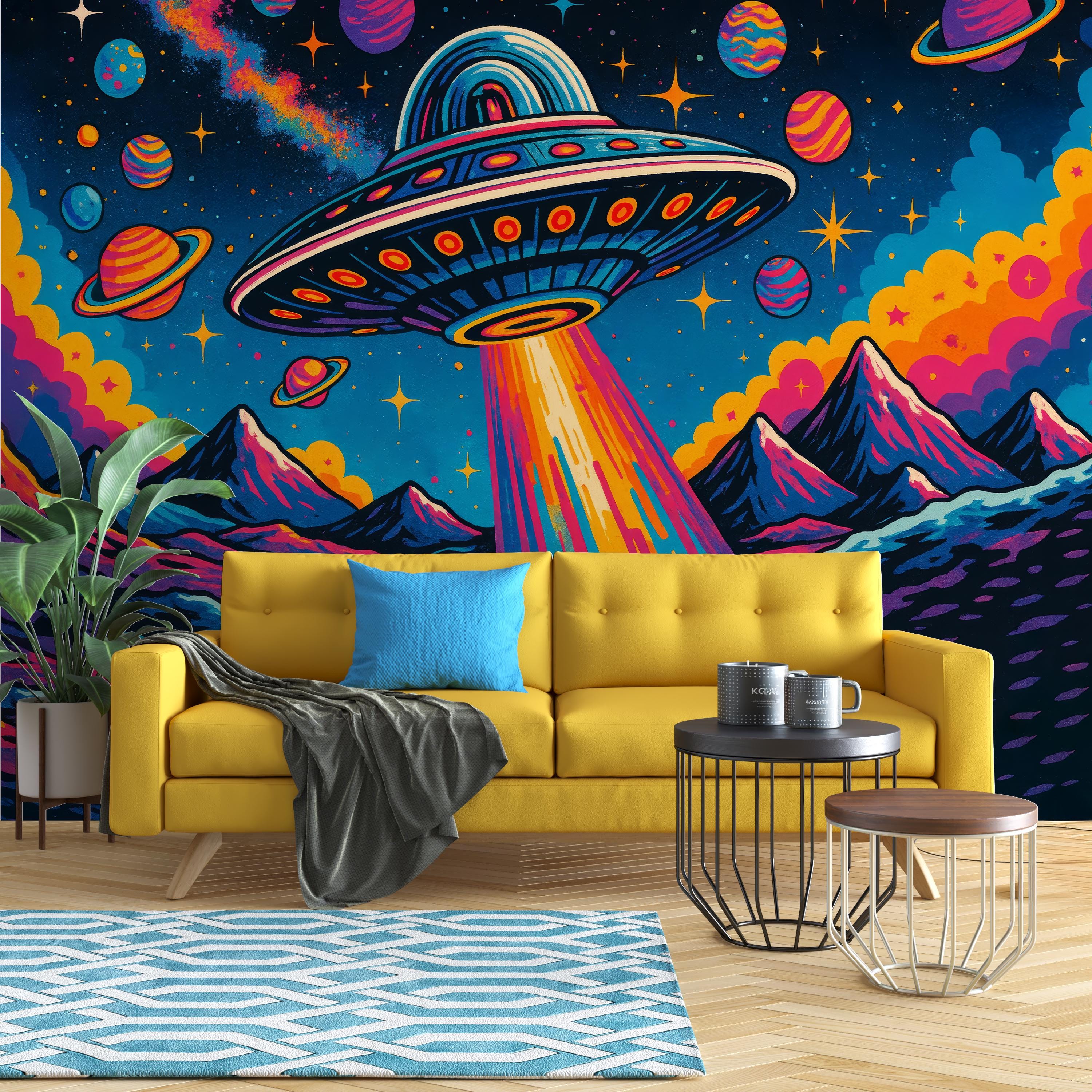 Retro UFO Wallpaper Mural for Kids Room or Teen Room Decor, Cosmic