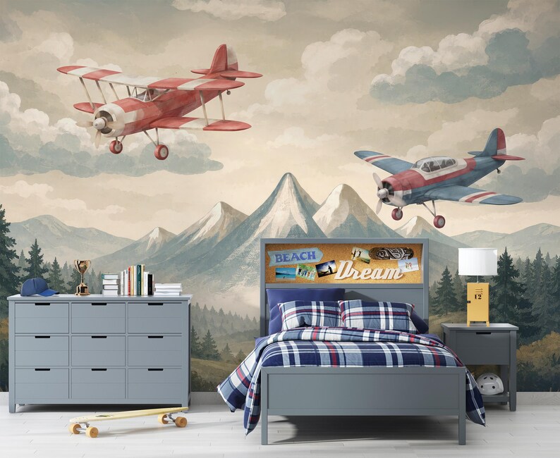 Airplane Nursery Wallpaper Mural, Boy Nursery Decor Retro Planes ...