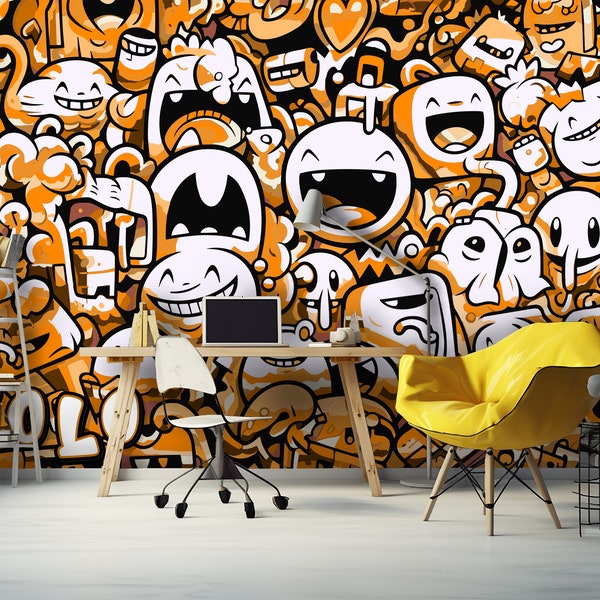 Orange Graffiti Wallpaper Teen Room, Modern Teenager Street Art, Spray Paint Cartoon Styled Wall Mural, Urban Custom Color Wallpaper