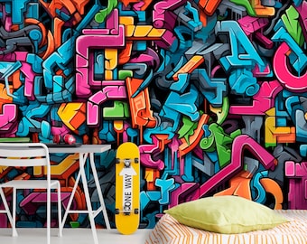 Urban Graffiti Wallpaper, Abstract Style Wall Mural Teenager Bedroom, Modern Graffiti Wall Art Peel and Stick, Creative Wall Decor Nursery