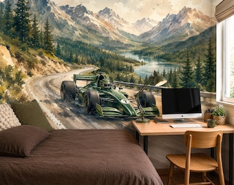 Race Car Wallpaper Boy Room Decor, Mountain Landscape Mural Wallpaper Peel and Stick and Traditional, Boy Room Wallpaper Sports Car