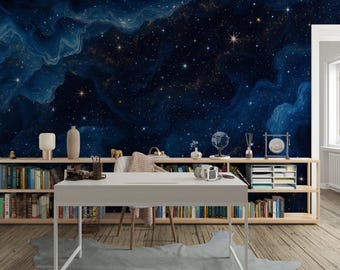 Celestial Wallpaper Navy Blue Mural, Dark Abstract Wallpaper for Bedroom, Space Wallpaper Peel and Stick Mural for Space Nursery