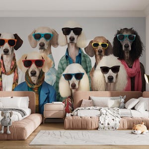 Cool Doggies Wall Mural for Grooming Salon, Hipster Dogs Wallpaper, Funny Pups in Shades, Retro Style Hippie Dogs  Wallpaper