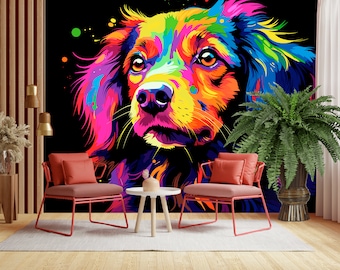 Wallpaper Colorful Dachshund, Abstract Rainbow Dog Wall Mural, Black Wallpaper for Dog Lovers, Pet Wall Accent Mural, Bright Dog Wallpaper