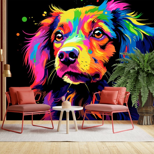 Tapete Bunter Dackel, abstraktes Regenbogen-Hunde-Wandbild, schwarze Tapete für Hundeliebhaber, Haustier-Wand-Akzent-Wandbild, helle Hunde-Tapete