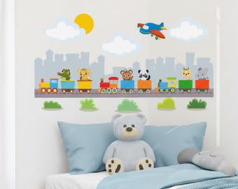 Train Nursery Wall Decal, City Wall Stickers for Baby Boy Nursery Decor, Animal and Train Wall Decal, Playroom Wall Decal