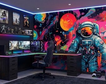 Astronaut Space Wallpaper, Teen Room Mural Graffiti Wallpaper for Kids' Rooms, Colorful Astronaut Graffiti Wall Mural Peel and Stick