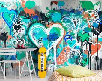 Colorful Wallpaper decoration of a hall, Graffiti-style art Room for Boys & Girls, Peel and Stick Graffiti Wall Mural for Teenager Bedroom