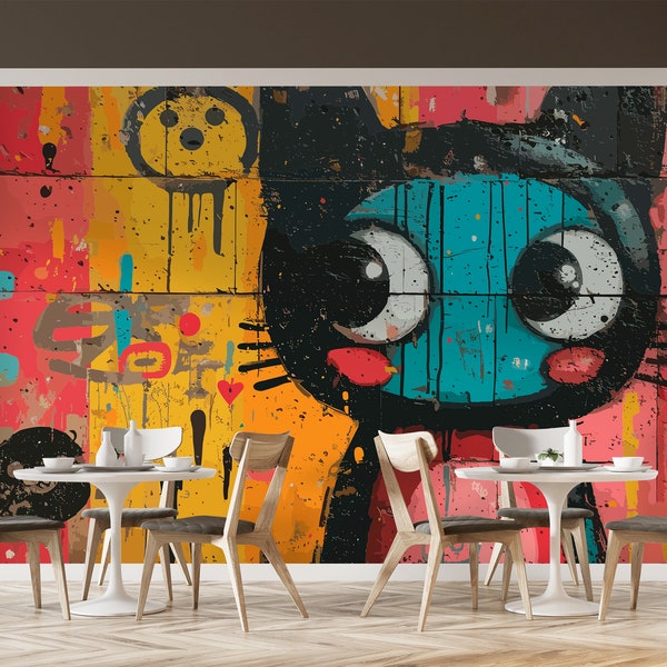 Graffiti Funny Wallpaper with Kitten Teen Bedroom, Red Yellow Street Art Wall Mural, Colorful Accent Cute Wallpaper Urban themed Teen Room