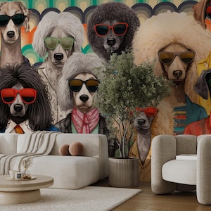 Trendy Dogs in Shades For Dog Lover Bedroom, Retro Hipster Pup Wall Mural for Grooming Salon, Hippie Dog Wall Decor Dog Room Bathroom