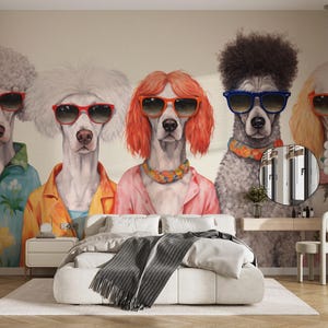 Stylish Dogs Wallpaper Bedroom, Funky Pups in Shades Peel Stick Wall Mural Dog Room, Groovy Dog Wall Mural for Grooming Salon or Pet Shops