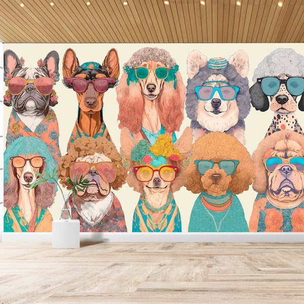 Wallpaper Cute Dogies Custom Sized, Retro Stylish Dog Wall Mural, 70s Fun Pet Wallpaper, Hipster Dogs Wall Mural, Large Pup Vinyl  Wallpaper