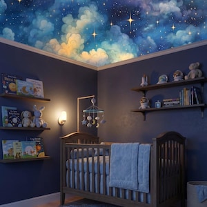 May include: A wooden crib with a blue blanket sits in a room featuring a ceiling mural of a night sky with clouds and stars. The walls are dark blue, adorned with floating shelves holding books, plush toys, and space-themed decor items.