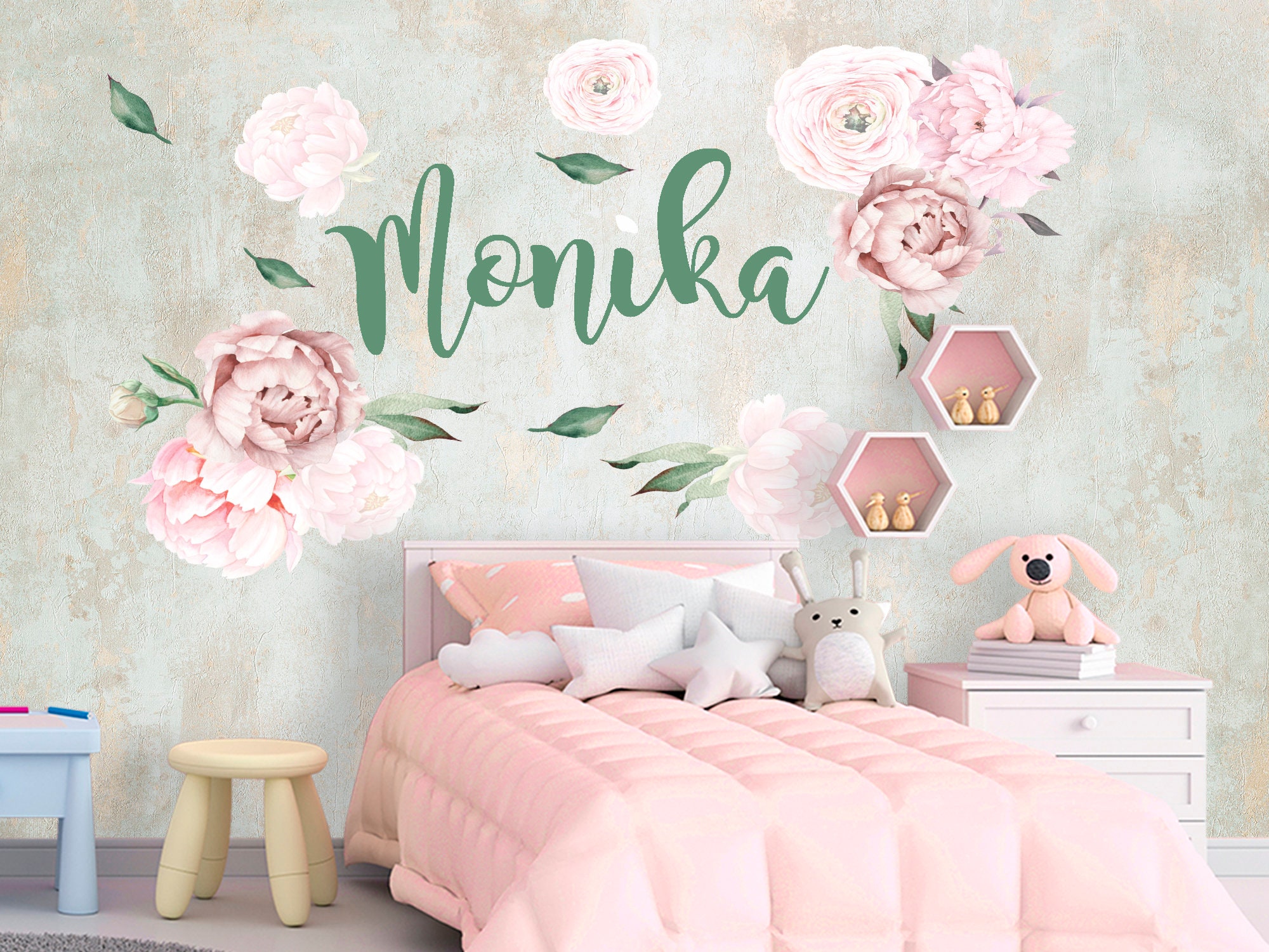 Watercolor Peony Flowers With Name Wall Decal Baby Girl Bedroom ...