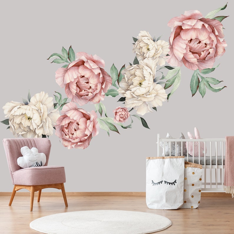 Peony Wall Decal Nursery. Watercolor Peony Decal Bedroom. Etsy