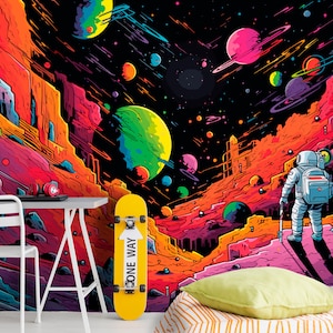 Carta da parati murale unica nera per camera da letto a tema spaziale per ragazzi, astronauta e pianeti, carta da parati personalizzata per cameretta, carta da parati funky dark galaxy per bambini