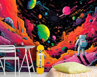 Può includere: Illustrazione in stile pop art di un astronauta che esplora un vivace paesaggio alieno con pianeti. È visibile anche uno skateboard giallo con "ONE WAY". La scena è dominata da tonalità di rosso, arancione e viola.