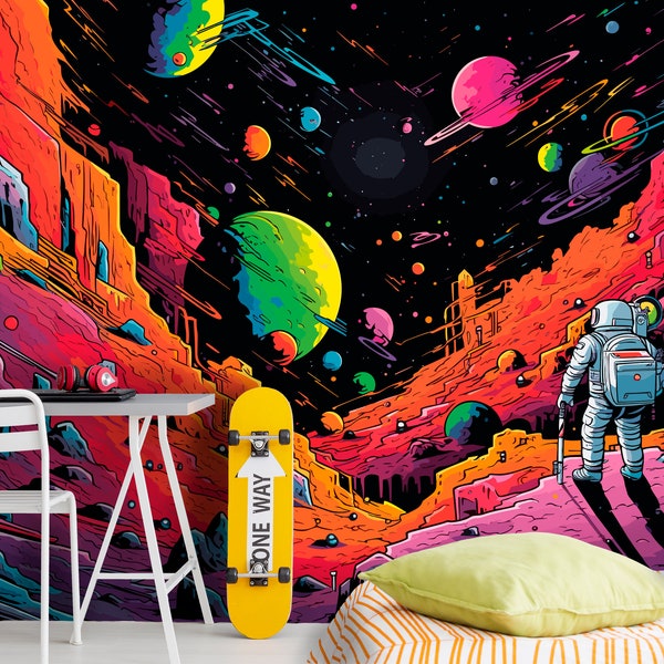 Black Unique Wall Mural Teen Space Themed Bedroom, Astronaut and Planets Custom Size Wallpaper Boy Room, Funky Dark Galaxy Tapete Kids