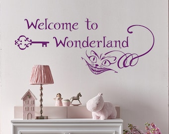 Calcomanía de pared "Bienvenido al País de las Maravillas", pegatinas para habitación infantil con temática de Alicia, calcomanía de vinilo con la sonrisa del gato de Alicia, arte de pared para habitación infantil, decoración del hogar FD101