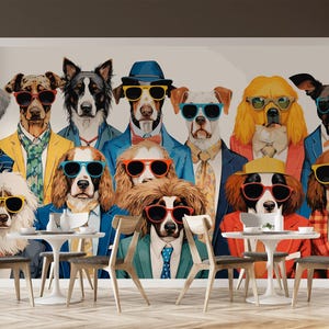 Hipster Dogs Wallpaper, Colorful 70s Hippie Mural, Peel and Stick Unique Mural, Dog Wall Art, Dog Large Mural, Hair Salon Cafe Wall Mural