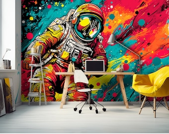 Astronaut Graffiti Peel and Stick Wallpaper, Space Wall Art Boy Room Wallpaper Removable, Cool Kids Room Wallpaper Mural Colorful