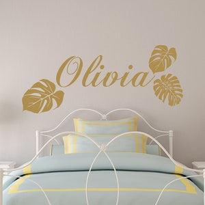 Wandaufkleber für Mädchen / Kinderzimmer | Tropisches Wanddekor Schlafzimmer | Wandtattoo Tropische Blätter | Personalisierter Namens-Vinyl-Aufkleber LT57
