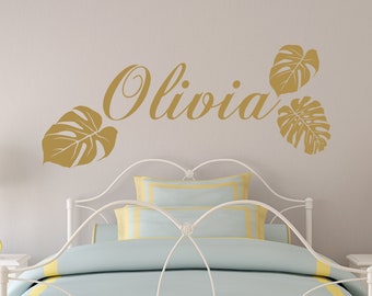 Wall Name Decal for Girls Nursery Room | Tropical Wall Decor Bedroom | Tropical Leaves Wall Decal | Personalized Name Vinyl Sticker LT57