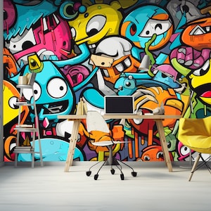 Colorful Street Art Wallpaper Teen Room, Vibrant Cartoon Graffiti Wall Mural Teenager Bedroom, Urban Art-Inspired Wall Tapestry Wall Mural