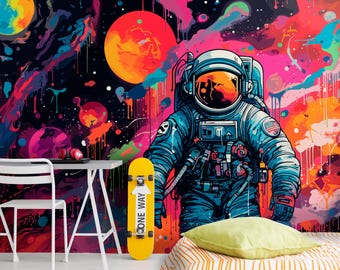 Space Graffiti Wallpaper Kids Rooms, Planets Graffiti Teenagers Bedroom Wall Mural, Astronaut Wall Decor Boy Room Wallpaper Astronaut Wall