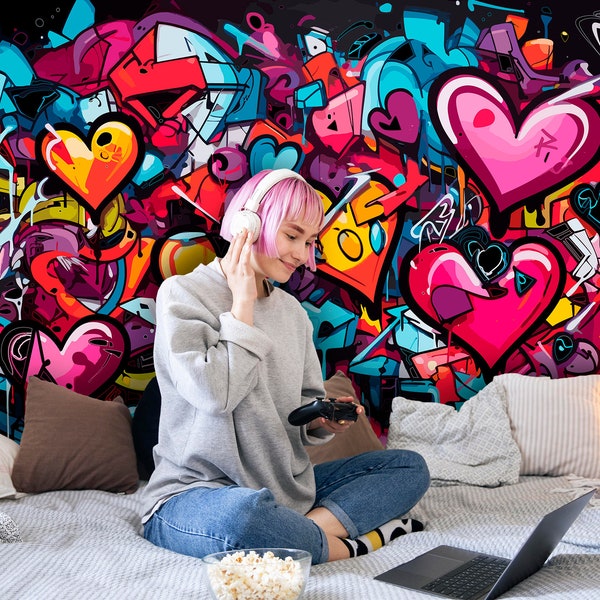 Graffiti Wallpaper Room, Gender Neutral Peel and Stick Wall Mural, Colorful Graffiti-Style Teenager Bedroom Art Decoration