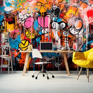Wallpaper Colorful Graffiti Bedroom, Street Art Styled Abstract Wall Mural Kids Room, Urban Art Themed Unique Wall Mural Living Room