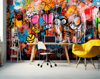 Wallpaper Colorful Graffiti Bedroom, Street Art Styled Abstract Wall Mural Kids Room, Urban Art Themed Unique Wall Mural Living Room