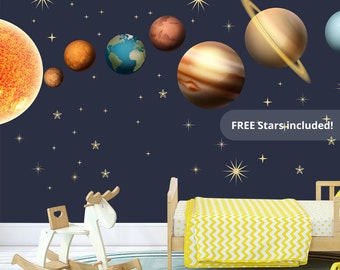 Solar System Decals and Stars for Playroom, Planets Educational Wall Stickers Boy Bedroom, Astronomy Gift Decal Sun Earth Saturn for Toddler