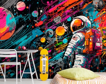 Graffiti Wallpaper for Kids&#39; Rooms: Space, Planets, and Astronaut Wall Decoration, Teenagers&#39; Bedroom Mural for Boys & Girls Nursery.