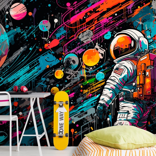 Custom Size Large Wallpaper Space themed Boy Room, Galaxy Wall Mural Graffiti Teen Room, Astronaut Black Accent Wall Mural Teenager Room