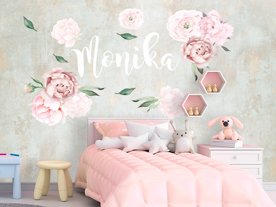 Watercolor Peony Flowers With Name Wall Decal Baby Girl Bedroom ...