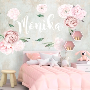 Aquarell Pfingstrose Blumen mit Name Wandtattoo Baby Mädchen Schlafzimmer. Personalisierter Namensaufkleber. Blumen Abziehbilder. Blumenaufkleber mit Namen