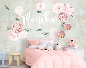 Watercolor Peony Flowers with Name Wall Decal Baby Girl Bedroom. Personalized  Name Sticker. Flower Decals. Floral Sticker With Name